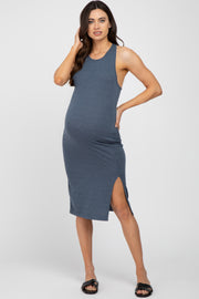 Blue Ribbed Cross Back Maternity Midi Dress