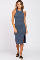 Blue Ribbed Cross Back Maternity Midi Dress