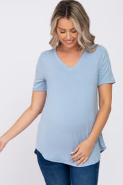 Blue V-Neck Maternity Short Sleeve Round Hem Top