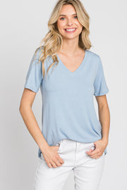 Blue V-Neck Short Sleeve Round Hem Top