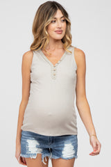 Beige Ribbed Crochet Button Accent Maternity Tank