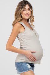 Beige Ribbed Crochet Button Accent Maternity Tank