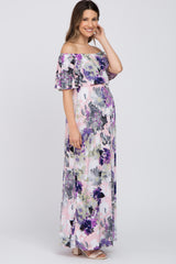 Purple Floral Ruffle Off Shoulder Maternity Maxi Dress