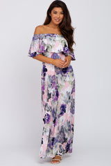 Purple Floral Ruffle Off Shoulder Maternity Maxi Dress