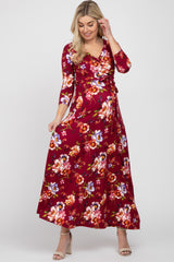 Burgundy Floral Wrap Maternity/Nursing Maxi Dress