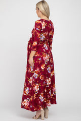 Burgundy Floral Wrap Maternity/Nursing Maxi Dress