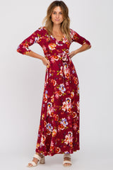 Burgundy Floral Wrap Maternity/Nursing Maxi Dress