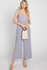 Grey Ribbed Ruffle Trim Wide Leg Sleeveless Jumpsuit