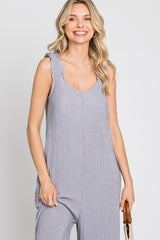 Grey Ribbed Ruffle Trim Wide Leg Sleeveless Jumpsuit