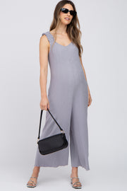 Grey Ribbed Ruffle Trim Wide Leg Sleeveless Maternity Jumpsuit