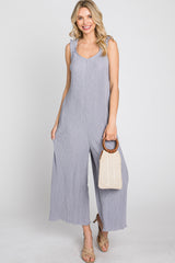 Grey Ribbed Ruffle Trim Wide Leg Sleeveless Jumpsuit