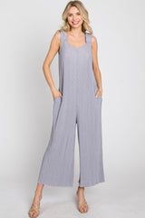 Grey Ribbed Ruffle Trim Wide Leg Sleeveless Jumpsuit