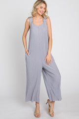 Grey Ribbed Ruffle Trim Wide Leg Sleeveless Jumpsuit