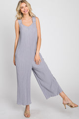 Grey Ribbed Ruffle Trim Wide Leg Sleeveless Jumpsuit