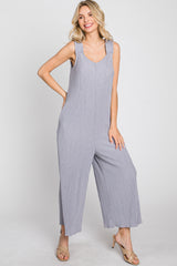 Grey Ribbed Ruffle Trim Wide Leg Sleeveless Jumpsuit