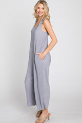 Grey Ribbed Ruffle Trim Wide Leg Sleeveless Jumpsuit