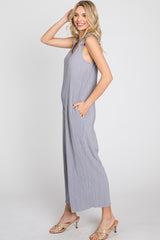 Grey Ribbed Ruffle Trim Wide Leg Sleeveless Jumpsuit