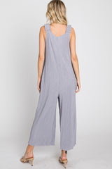 Grey Ribbed Ruffle Trim Wide Leg Sleeveless Jumpsuit