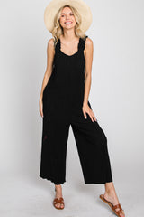 Black Ribbed Ruffle Trim Wide Leg Sleeveless Jumpsuit