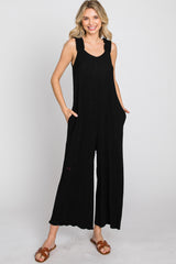 Black Ribbed Ruffle Trim Wide Leg Sleeveless Jumpsuit