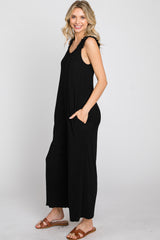 Black Ribbed Ruffle Trim Wide Leg Sleeveless Jumpsuit