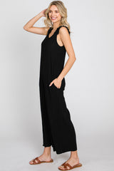 Black Ribbed Ruffle Trim Wide Leg Sleeveless Jumpsuit