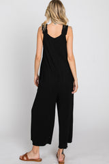 Black Ribbed Ruffle Trim Wide Leg Sleeveless Jumpsuit