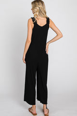 Black Ribbed Ruffle Trim Wide Leg Sleeveless Jumpsuit