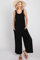 Black Ribbed Ruffle Trim Wide Leg Sleeveless Jumpsuit