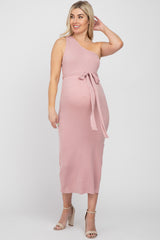 Mauve Ribbed One Shoulder Side Slit Maternity Midi Dress