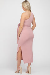 Mauve Ribbed One Shoulder Side Slit Maternity Midi Dress