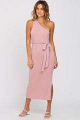 Mauve Ribbed One Shoulder Side Slit Midi Dress