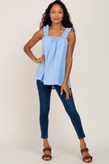 Light Blue Square Neck Ruffle Strap Top