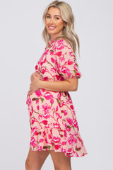 Pink Floral Ruffle Accent Maternity Dress