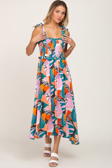 Pink Multi-Colored Brush Stroke Printed Tie Strap Smocked Maternity Midi Dress