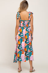 Pink Multi-Colored Brush Stroke Printed Tie Strap Smocked Midi Dress