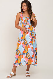 Yellow Multi-Colored Brush Stroke Printed Tie Strap Smocked Maternity Midi Dress