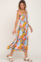 Yellow Multi-Colored Brush Stroke Printed Tie Strap Smocked Midi Dress