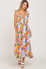 Yellow Multi-Colored Brush Stroke Printed Tie Strap Smocked Midi Dress