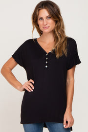 Black Button V-Neck Short Sleeve Top