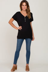 Black Button V-Neck Short Sleeve Top