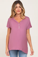 Mauve Button V-Neck Maternity Short Sleeve Top