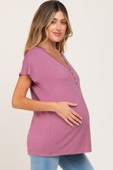 Mauve Button V-Neck Maternity Short Sleeve Top