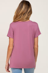 Mauve Button V-Neck Maternity Short Sleeve Top