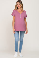 Mauve Button V-Neck Maternity Short Sleeve Top