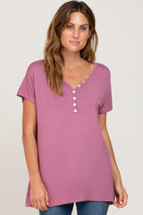 Mauve Button V-Neck Maternity Short Sleeve Top