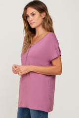 Mauve Button V-Neck Short Sleeve Top