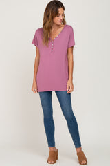 Mauve Button V-Neck Short Sleeve Top