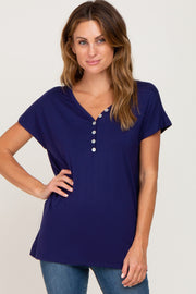 Navy Blue Button V-Neck Short Sleeve Top