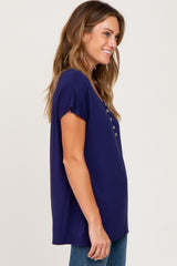 Navy Blue Button V-Neck Short Sleeve Top